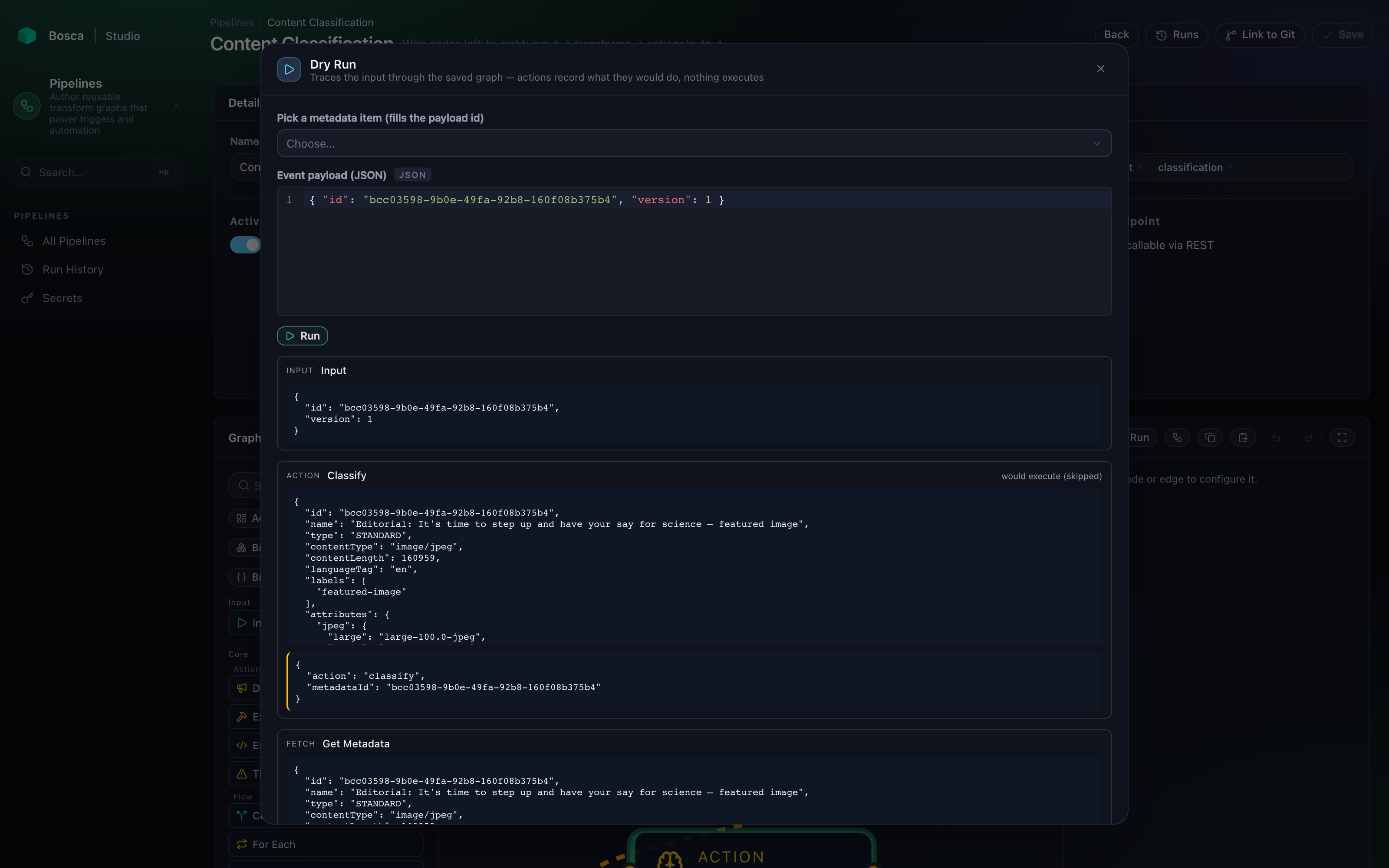 A dry-run trace in Bosca Studio showing each node's status and output