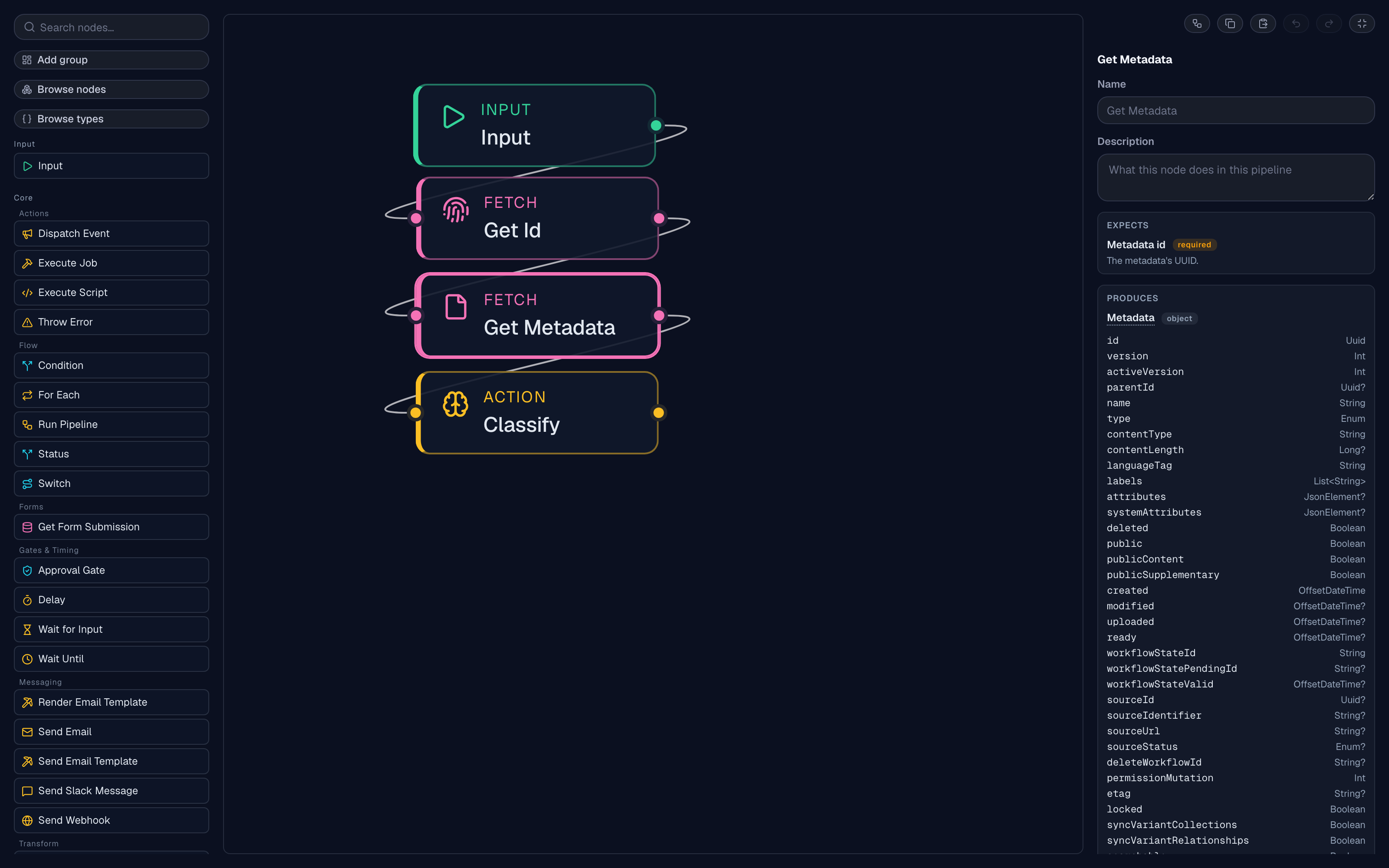 The pipeline editor in Bosca Studio: the node palette, a pipeline graph on the canvas, and the inspector
